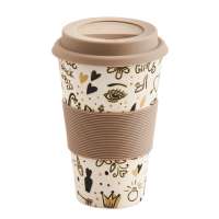 Custom printed biodegradable reusable bamboo fiber coffee cup with rubber lid